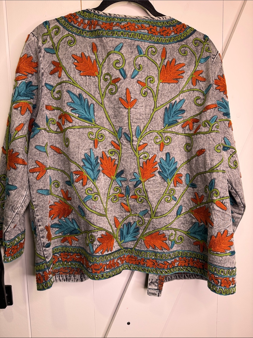 Preloved🧡Embroidered Floral Open Cardigan — Gray with Orange & Teal - Picture 4 of 7